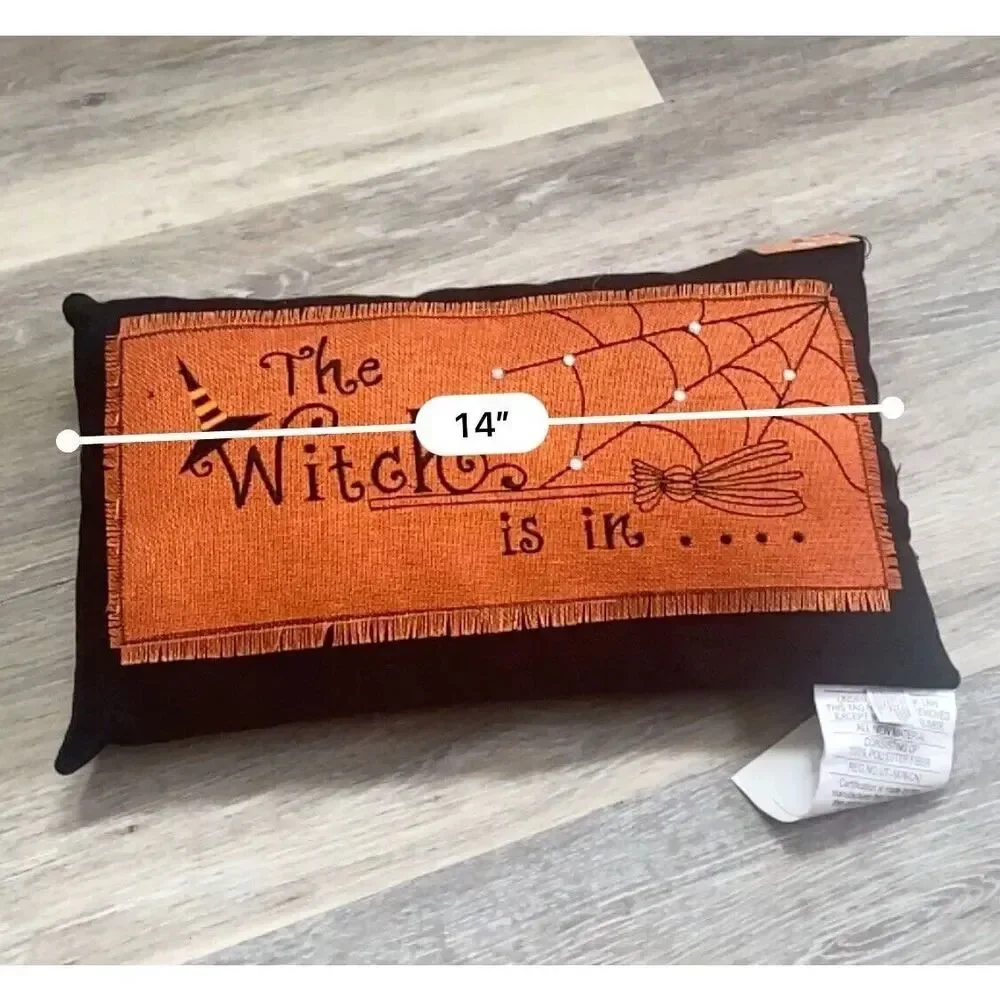 Canvas Glam “The Witch Is In” Pumpkin Witch Pillow Halloween Decor Orange